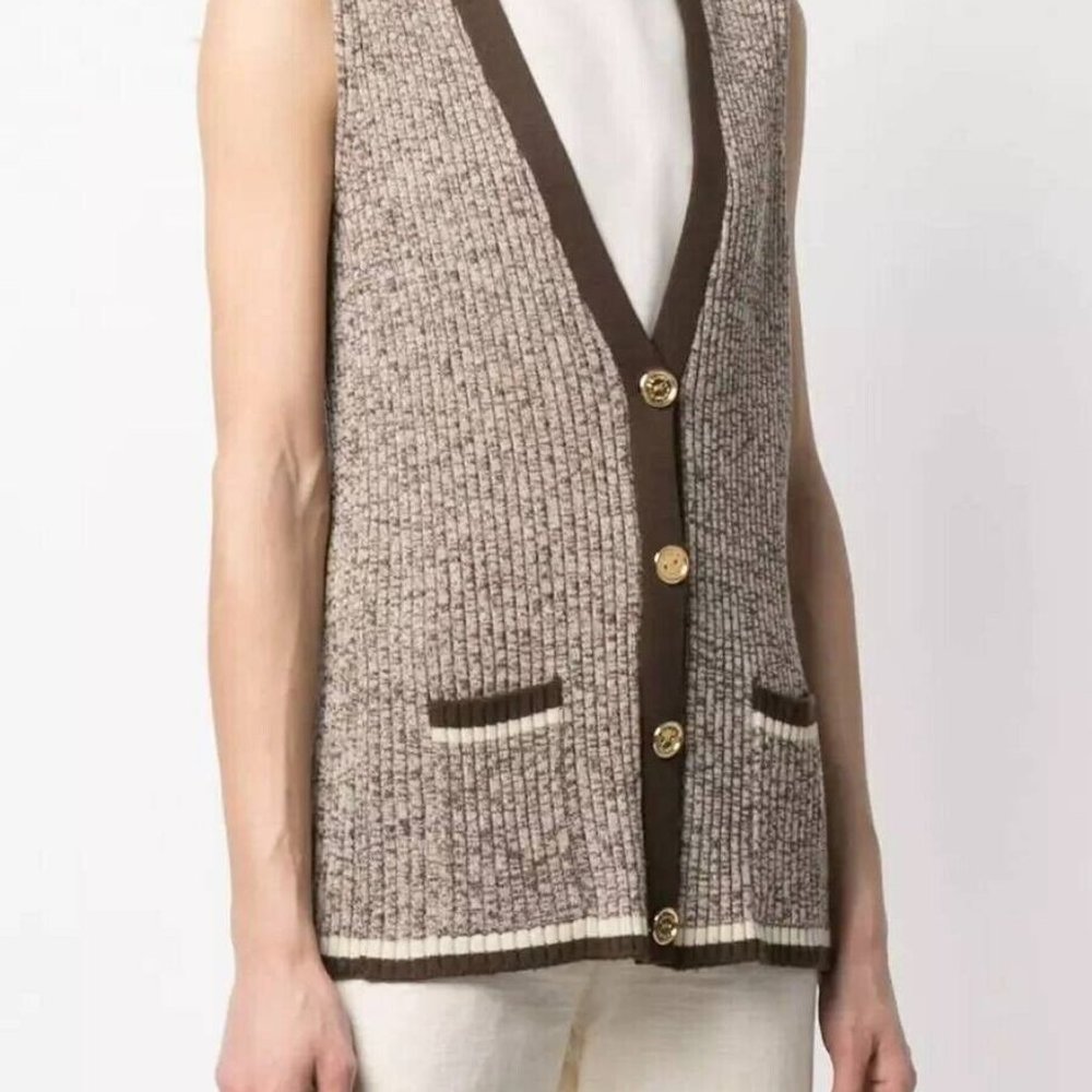 CELINE Melange Knit Sweater Vest Gold Logo Buttons SZ 38/XS
